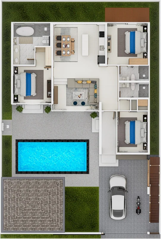 Floor plan showing three bedrooms, living area, pool and carport